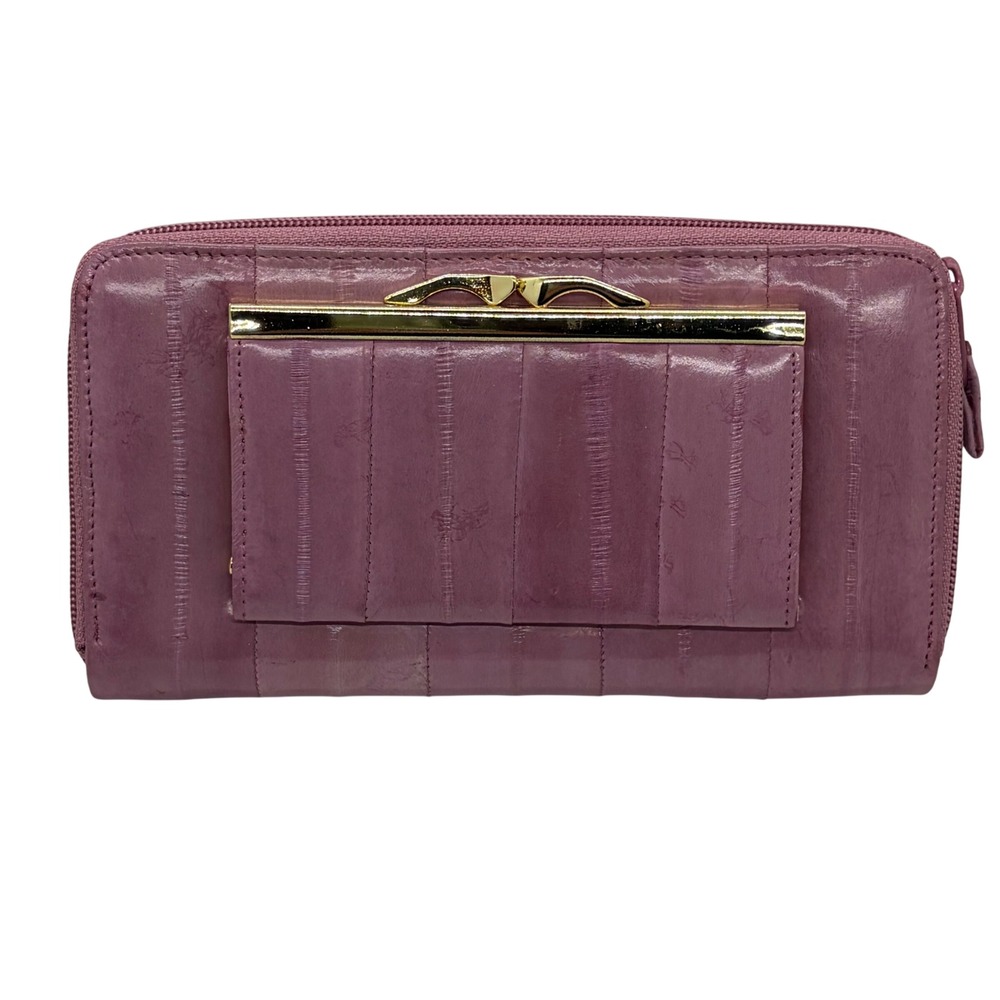 Lee Sands Eel Skin Wallet Mauve Pink Kiss Lock Zip Around Organizer